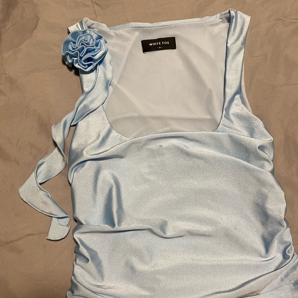 White Fox Boutique Light Blue Tank Top with Floral Accent